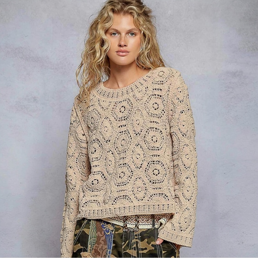NWT POL Cotton Crochet Sweater in Color Mocha One Size